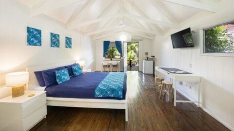 A bright, airy bedroom with white walls and wooden floors features a bed with blue bedding, a small desk, a wall-mounted TV, and a window with blue curtains. A door opens to a lush outdoor area, offering sustainable accommodation for eco-conscious guests.