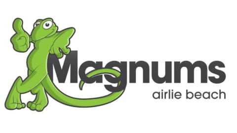 Logo of Magnums Airlie Beach featuring a cartoon gecko giving a thumbs-up, positioned to the left of the text "Magnums" in bold black letters and "airlie beach" in smaller font below, symbolizing their commitment to ecotourism.