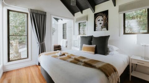A cozy bedroom with a large bed, two pillows, and a throw blanket. The room has wooden floors, white walls, two windows overlooking nature, a door, and a decorative portrait on the wall. Perfect for an ecotourism retreat or an intimate tour stay.