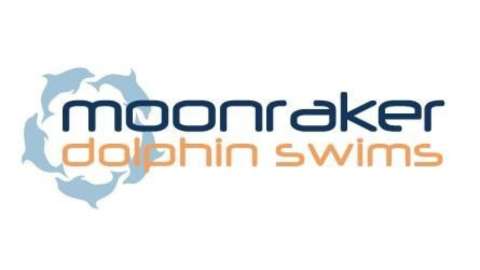 Moonraker Dolphin Swims logo featuring text and a circular design of blue dolphins, emphasizing sustainability.