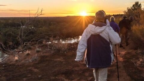 A group of people walk towards the setting sun on a nature trail, with trees and a river visible in the distance, part of a sustainable tour.