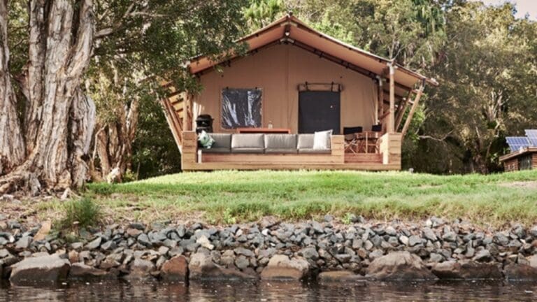 Glamping tent set on a riverbank under big gumtrees