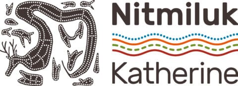 Logo featuring Indigenous Australian dot art with aquatic animals and a snake, accompanied by the text "Nitmiluk Katherine" next to wavy lines in brown, orange, and green, representing the rich cultural heritage celebrated by Nitmiluk Tours.