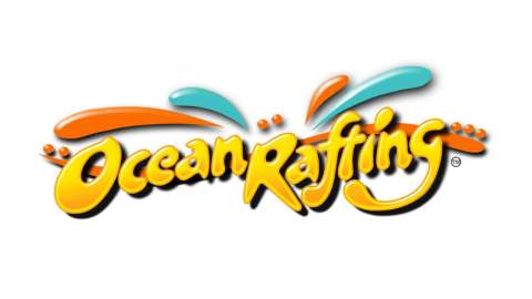 Logo with the text "Ocean Rafting" in yellow, featuring orange and blue splash designs above and around the text on a white background, highlighting our certification for sustainable adventure experiences.