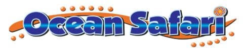 The "Ocean Safari" logo, inspired by Cape Tribulation, features bold blue text with white outlines, accompanied by orange wave-like decorations and a small orange element with blue circles on the right.