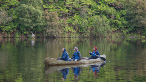 Three people paddle a canoe on a calm lake surrounded by lush, green foliage, embarking on one of the serene eco tours that showcase the natural beauty of Otway.