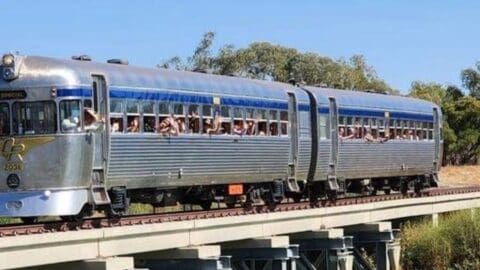 A silver train with blue stripes crosses a bridge, with passengers waving through the windows on a clear, sunny day, promoting ecotourism in its scenic route.