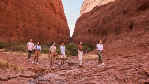A group of people embarks on inspiring journeys, walking through a rocky canyon with red cliffs and a clear sky in the background.