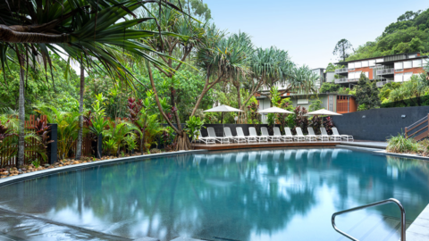 A serene outdoor swimming pool bordered by sun loungers and umbrellas, surrounded by lush greenery and modern villas with modern buildings in the background, offers a tranquil resort ambiance reminiscent of Peppers Noosa.