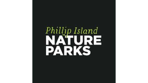 Phillip Island Nature Parks logo with nature-themed white text on a black background.