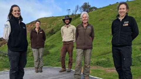 Five people in outdoor work attire stand on a wooden deck with a hillside in the background, promoting sustainable practices through ecotourism certification.