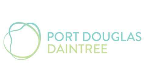 Logo of "Port Douglas Daintree" with green and blue gradient text accompanied by an abstract, circular design to the left.