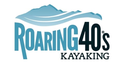 Logo for Roaring 40s Kayaking featuring stylized blue mountains and waves above the company name in blue and black text, highlighting the company's commitment to ecotourism.