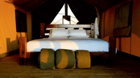 A glamping tent at Sal Salis with a large bed, white bedding, wooden frame, and three rolled-up blankets at the foot on a wooden floor offers comfort near Ningaloo Reef.