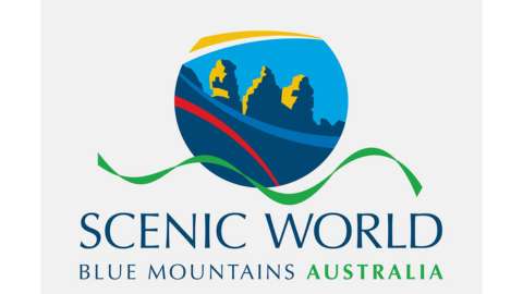 Logo of Scenic World Blue Mountains Australia, featuring a stylized depiction of mountains with sustainable waves underneath.