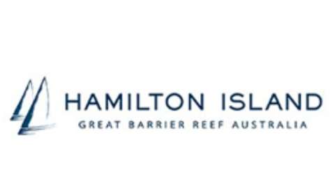 Logo of Hamilton Island with the text "Hamilton Island Great Barrier Reef Australia" and an illustration of two sailboats showcasing the beauty of nature.