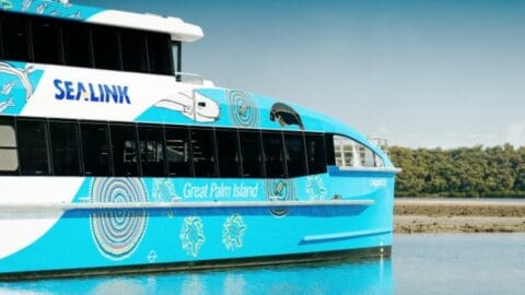 A blue and white ferry with "SeaLink" and "Great Palm Island" painted on its side is docked near a body of water with a forested shoreline in the background, ready to embark on an eco-friendly tour.