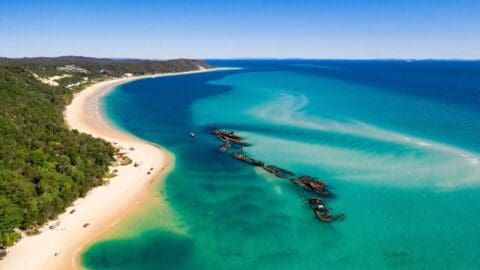 The coast line of Moreton island where lush hills, a white beach and clear blue water meet.