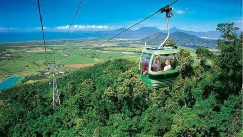 A sustainable cable car travels over a dense tropical rainforest with mountains and a coastline visible in the background.