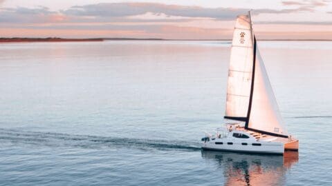 A white sailboat cruising on calm waters during sunset, with a partly cloudy sky and distant land in the background, exemplifies nature's serene beauty.