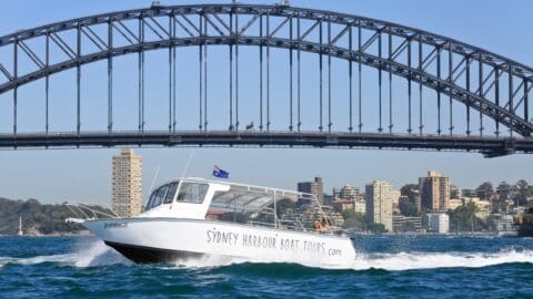 A boat with "Sydney Harbour Boat Tours" on its side navigates the water with the Sydney Harbour Bridge and buildings in the background, offering a unique view of nature that complements any sustainable accommodation nearby.