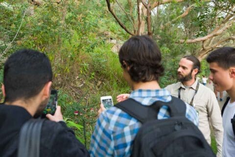 A group of people are outdoors taking photos with their phones and listening to a guide on a nature tour in a forested area.