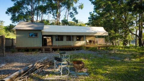 A rustic cabin with a large porch, set in a wooded area. In front, there are a few chairs, a fire pit, and logs scattered on the ground, offering the perfect accommodation for those seeking to immerse themselves in nature.