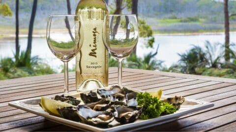 A bottle of 2013 Savagnin wine is placed on an outdoor table with two empty wine glasses and a plate of oysters garnished with lemon wedges and parsley, overlooking a scenic lake. This picturesque setting invites you to savor nature's bounty while enjoying an ecotourism tour.