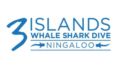 Logo for 3 Islands Whale Shark Dive Ningaloo, featuring blue text with two stylized whale shark graphics, emphasizing nature and sustainable ecotourism.