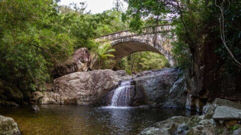 A small waterfall flows under a stone arch bridge surrounded by dense greenery, with rocks and trees lining the water.