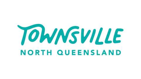 Logo of Townsville, North Queensland. The text is written in teal with "Townsville" in stylized font and "North Queensland" in all capital letters below it.