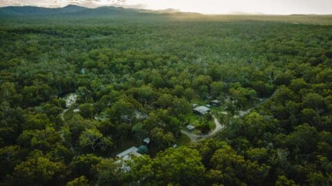 An aerial view of a dense forest with scattered buildings and winding roads, set against a backdrop of mountains and a setting sun highlights the beauty of nature, perfect for ecotourism adventures.