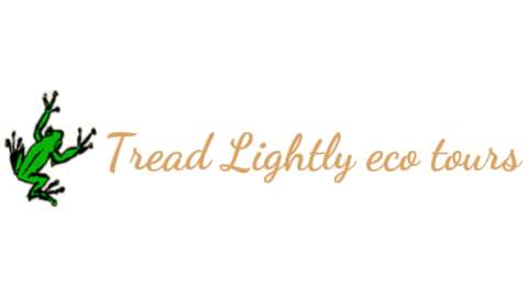 Logo of "Tread Lightly eco tours" with the text in a golden-brown cursive font and an illustration of a frog on the left, emphasizing their sustainable practices.