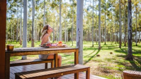 A woman sits at a wooden table outdoors in a forest, immersed in the beauty of nature as she looks up at the sky with trees in the background.