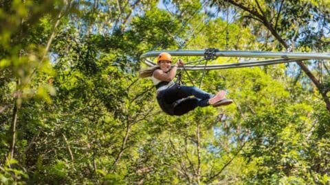 A woman sliding on a zipline in the tree tops.