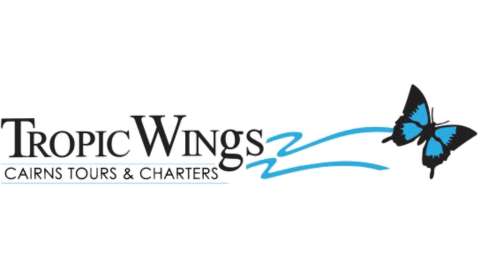 Tropic Wings logo with the text "Cairns Tours & Charters" and an illustration of a blue butterfly in motion, emphasizing sustainable tourism practices.