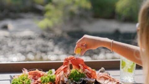 A person in a tweed jacket squeezes a lemon over a seafood platter brimming with shrimp and other shellfish, with an invigorating drink and a scenic outdoor view in the background, perhaps enjoying one of those memorable eco cruises.
