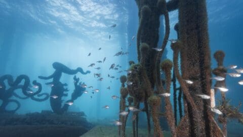 Underwater scene featuring various sculptures covered in marine growth, with a school of small fish swimming among them. Sunlight filters through the water, illuminating the area beneath Busselton Jetty.