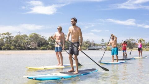 Five people stand on paddleboards in shallow water, paddling under a clear sky. Trees and a bridge are visible in the background, showcasing the beauty of nature. The individuals wear shorts and appear to be enjoying their tour.