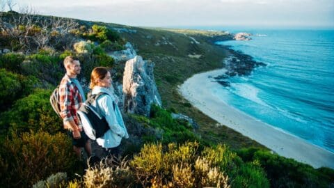 Two hikers wearing backpacks stand on a cliff overlooking a coastline with lush vegetation, a beach, and the ocean under a partly cloudy sky. This scene embodies the essence of ecotourism, where nature's beauty is both admired and preserved.