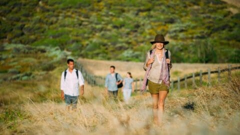 Four people hiking on a grassy trail in a sustainable natural landscape, with one person in a hat leading the group.