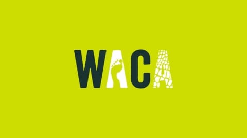 Logo with "WACA" in bold letters. The "A" features a footprint design and the "C" has a reptile scale pattern, all on a yellow-yellow background, capturing the essence of nature.
