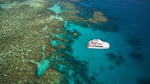 A boat is anchored in clear blue waters next to a coral reef, offering an unforgettable ecotourism experience, viewed from above.