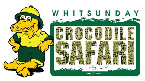 Logo of Whitsunday Crocodile Safari with a cartoon crocodile in a safari outfit beside the text, emphasizing its commitment to nature and sustainable practices.