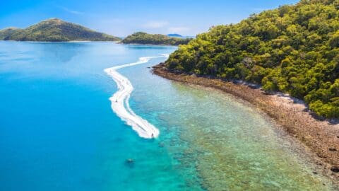 Aerial view of a clear blue ocean with a jet ski leaving a white wake near a forested coastline and small hilly islands, perfect for an eco-friendly tour.