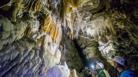 Speleologists wearing helmets with lights observe and photograph stalactites and stalagmites inside a cave, appreciating the raw beauty of nature.