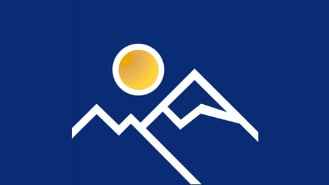 Illustration of a yellow sun above stylized white mountain peaks on a blue background, evoking the spirit of a sustainable tour.