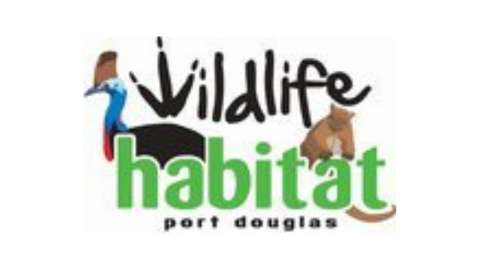 Logo of Wildlife Habitat Port Douglas featuring stylized text with a drawing of a cassowary and a tree kangaroo, reflecting their sustainable practices.