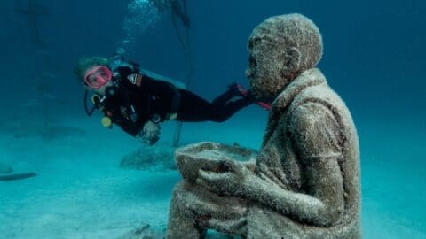 A scuba diver in black gear swims underwater near the weathered statue of a seated person holding a bowl, reminiscent of the mystical Yongala Dive.
