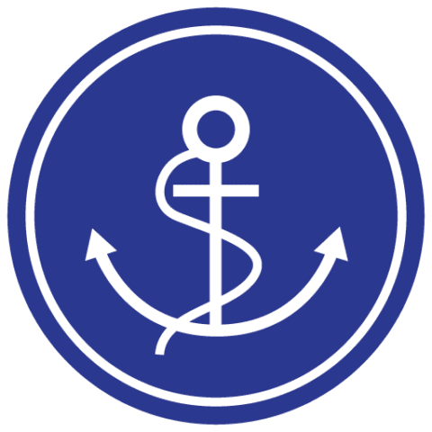 A white anchor symbol with a rope wrapped around it inside a blue circle with a white border, reminiscent of the maritime charm associated with Kimberley Cruises.